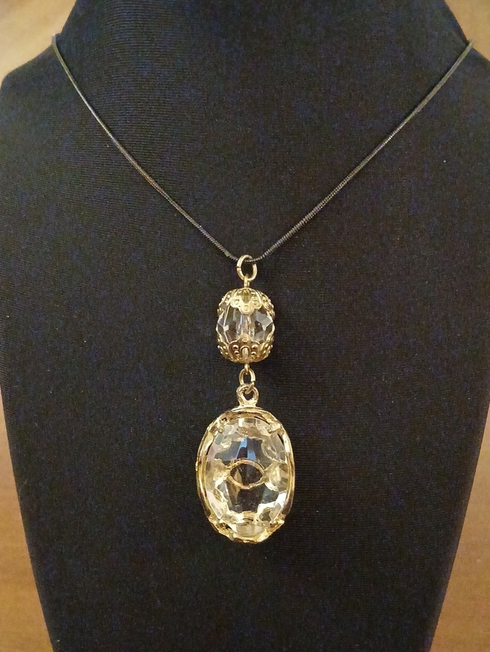 Vintage Gold Tone Crystal Drop Pendant Necklace - 16" Black Cord Chain